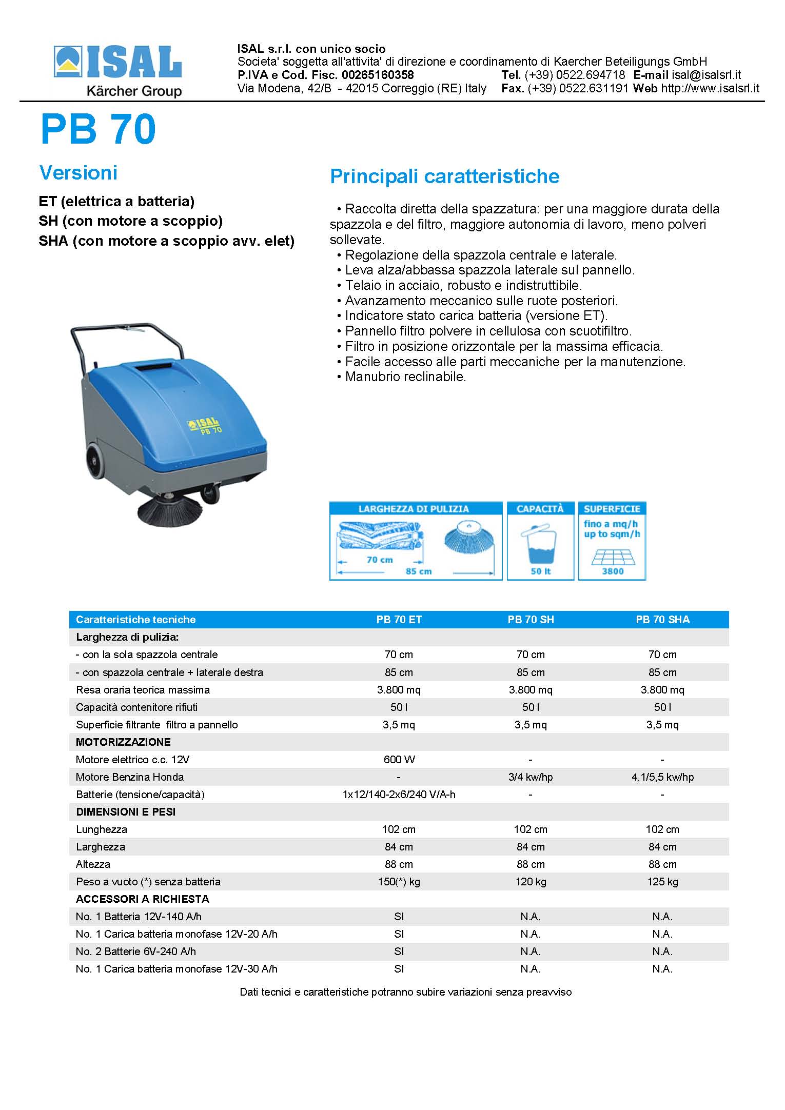 Características técnicas Isal PB70